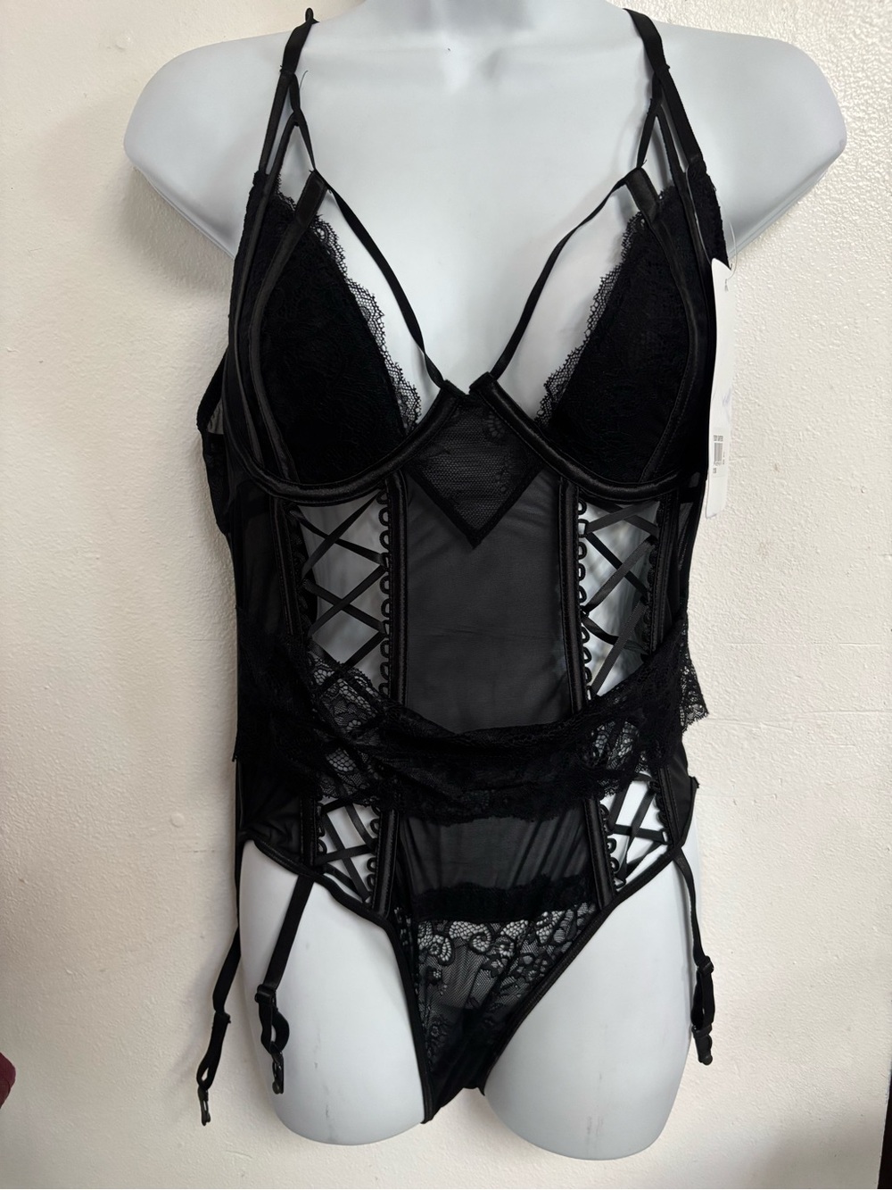 New Shirley of Hollywood lingerie black lace teddy gartered bodysuit size XL